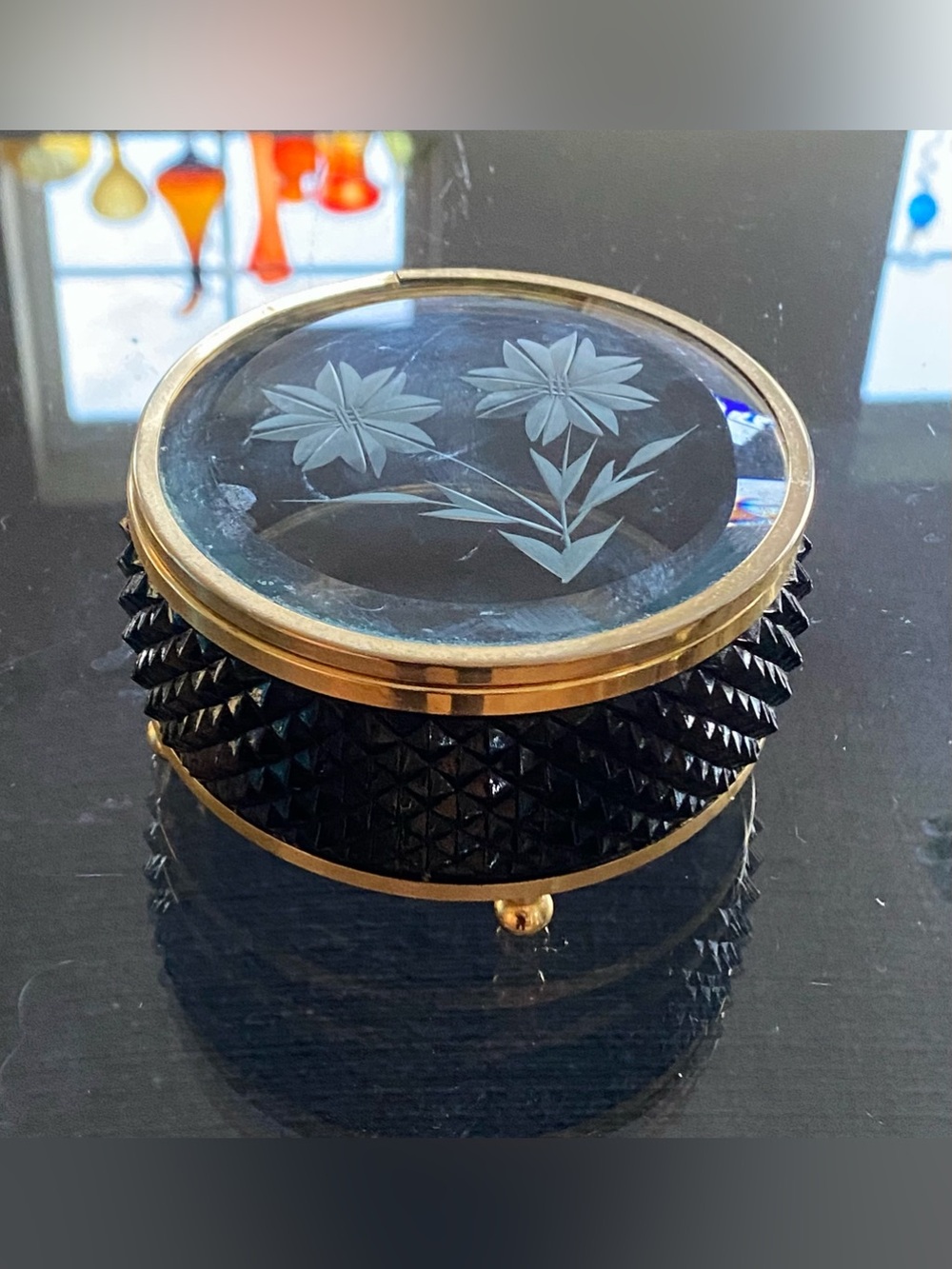 VTG MELE Jewel Case Black Hobnail Glass Jewelry Box Mirrored Crystal Etched Lid